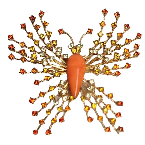 Warner Orange Yellow White Rhinestone Butterfly Vintage Brooch Signed